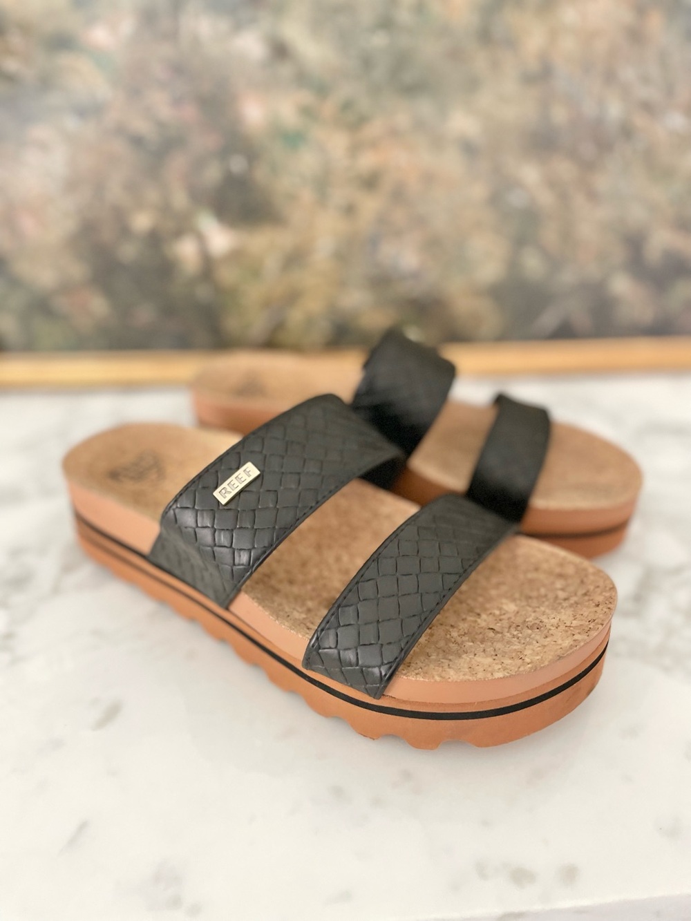 REEF Cushion Vista Hi Platform Sandals Black Tan